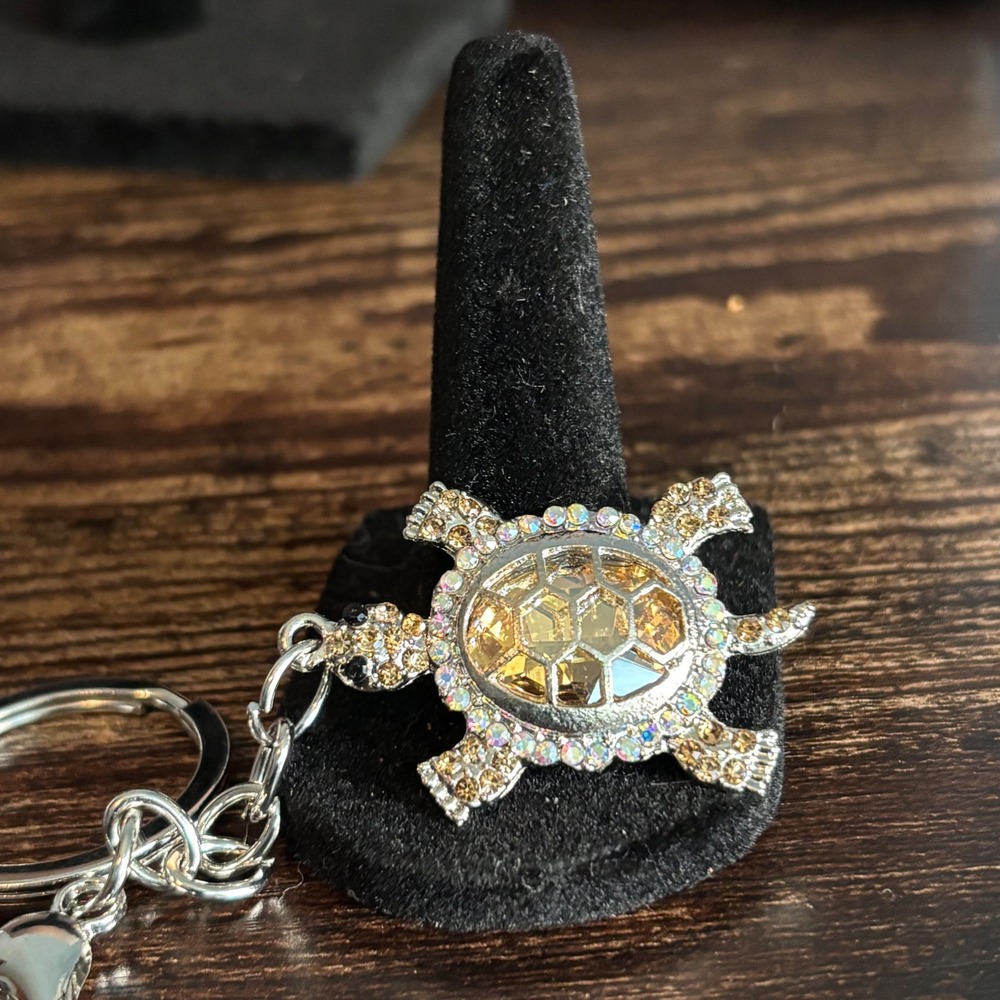 Crystal Turtle Keychain Amber Rhinestone Sea Turtle Bag Charm Silver Tone